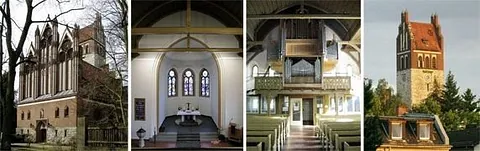 Vier kleine Fotos mit Königin-Luise-Kirche von außen, Altarraum, Orgel, Turm