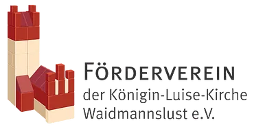 Logo des Fördervereins mit Kirche in Duplo-Steinen und Text "Förderverein der Königin-Luise-Kirche Waidmannslust e.V."