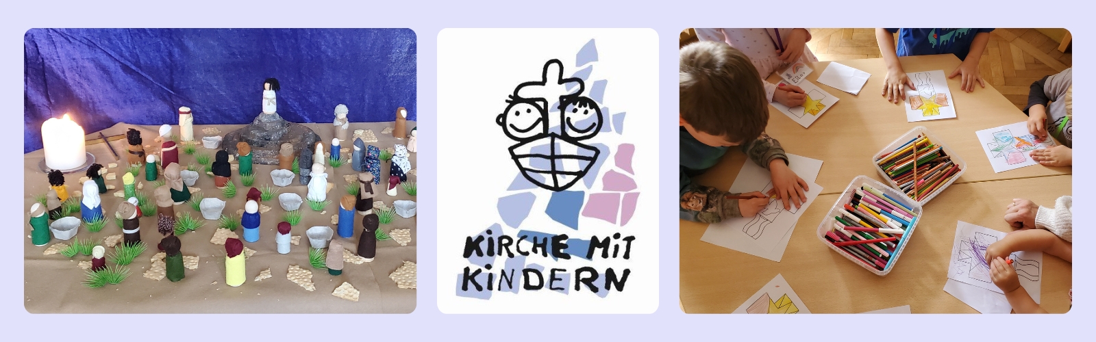 2 Fotos vom Kindergottesdienst in Waidmannslust, in der Mitte Logo 'Kirche mit Kindern'